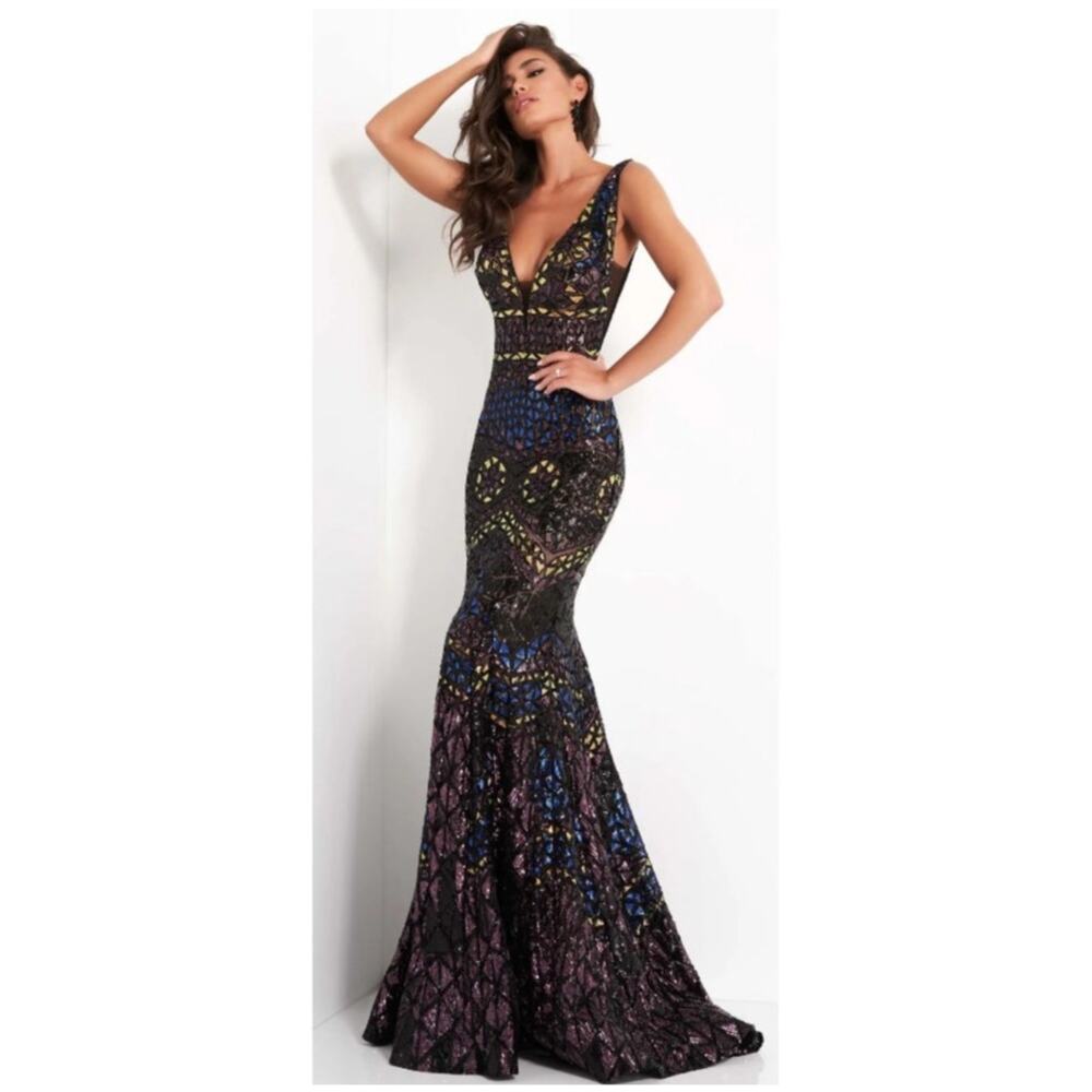 Jovani Style 04807 Black Multi Color Sequin Fit and Flare Gown Women's 8
